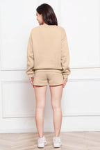 Round Neck Long Sleeve Sweatshirt Drawstring Shorts Set (21)