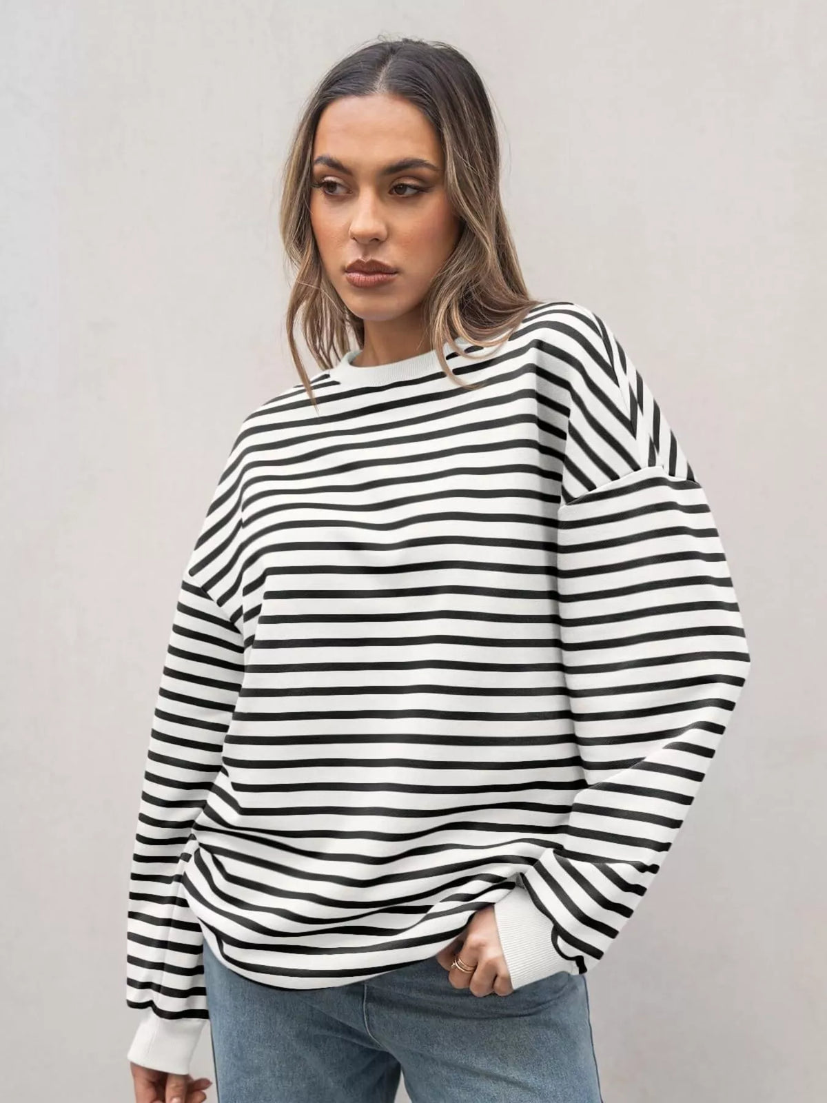 Striped Round Neck Oversized Casual Sweatshirt
