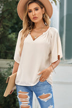 Gathered Detail Notched Neck Flutter Sleeve Top (24)