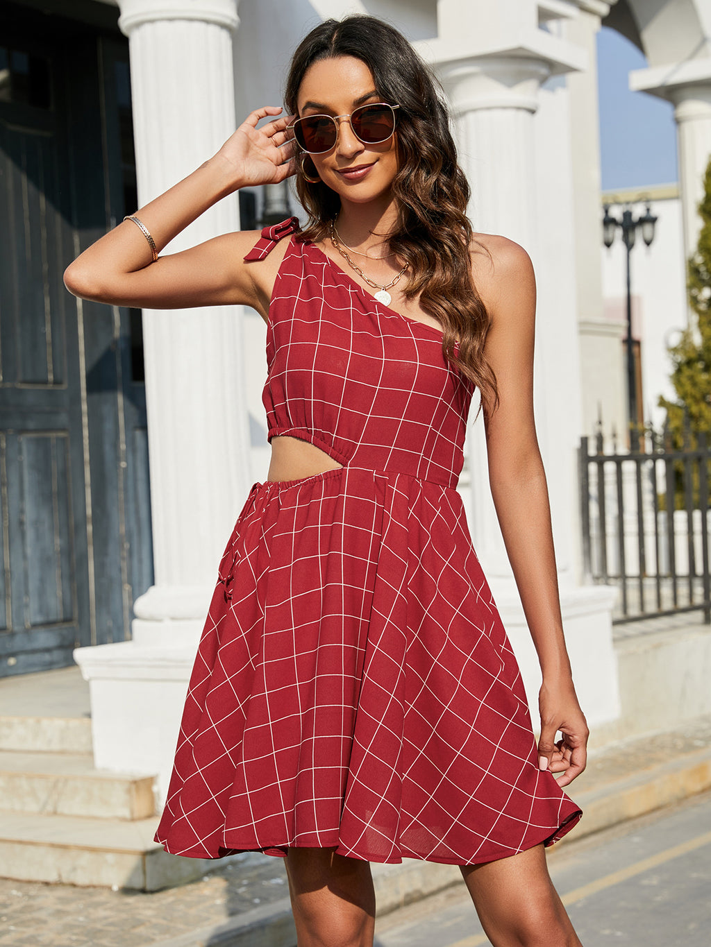 Grid One-shoulder Tied Cutout Dress (13)