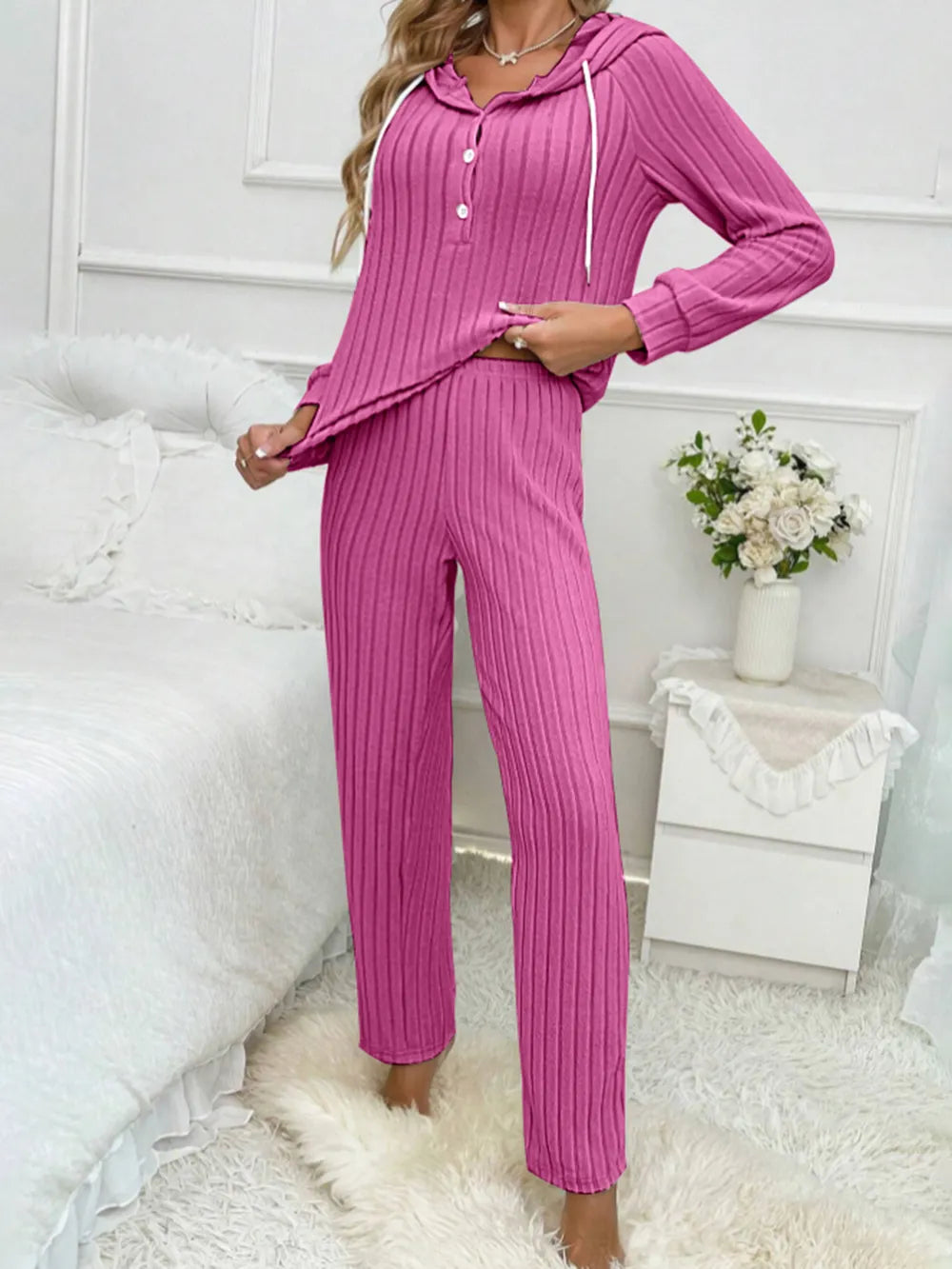 Drawstring Half Button Hooded Top Ribbed Pants Set (12)