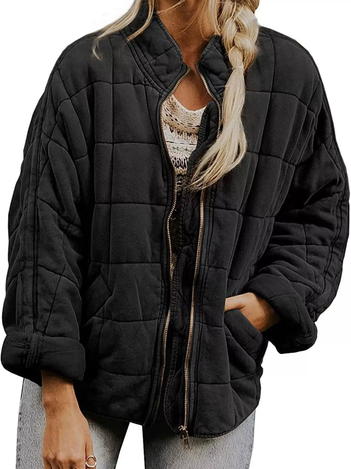 Full Size Zip Up Quilted Bomber Jacket Plus (7)