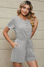 Drawstring Half Button Short Sleeve Romper (4)