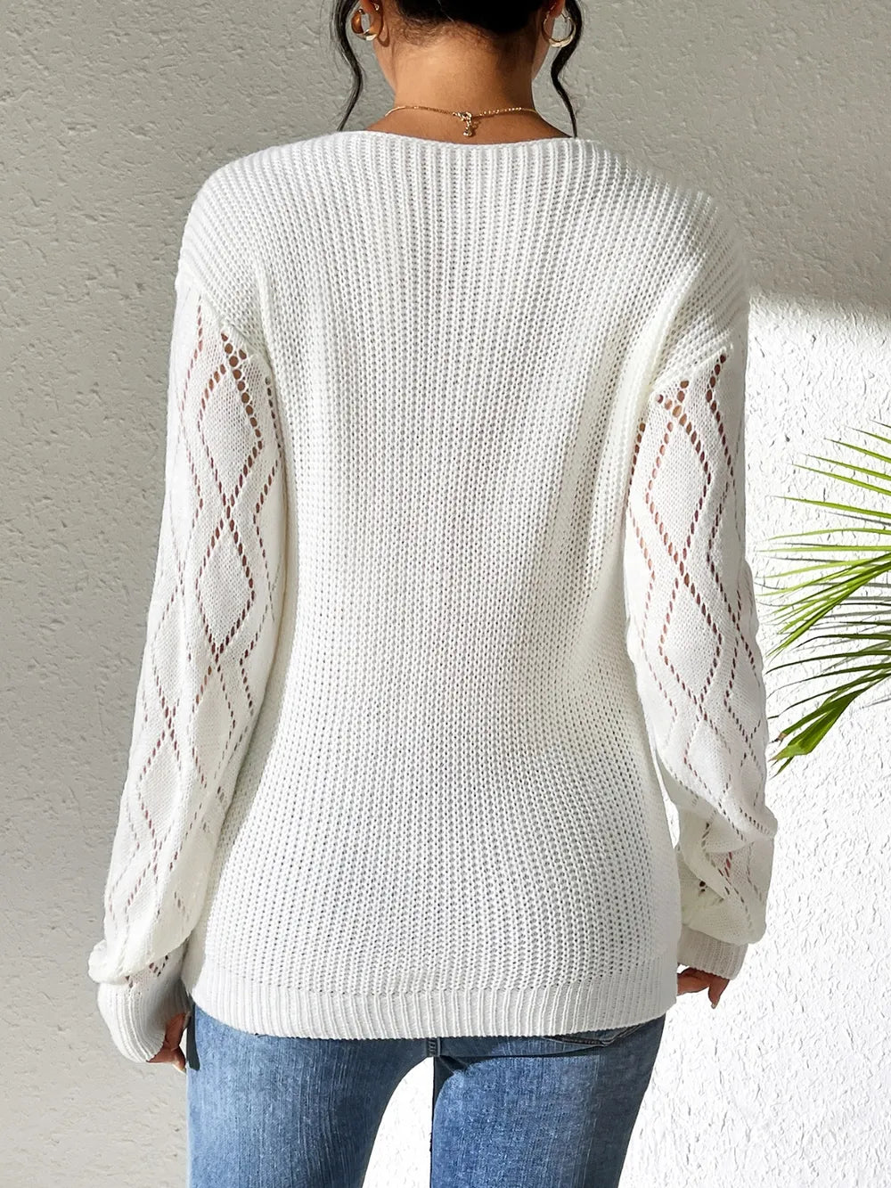 Openwork V-neck Long Sleeve Sweater (8)