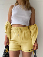 Texture Button Up Shirt Drawstring Shorts Set (34)