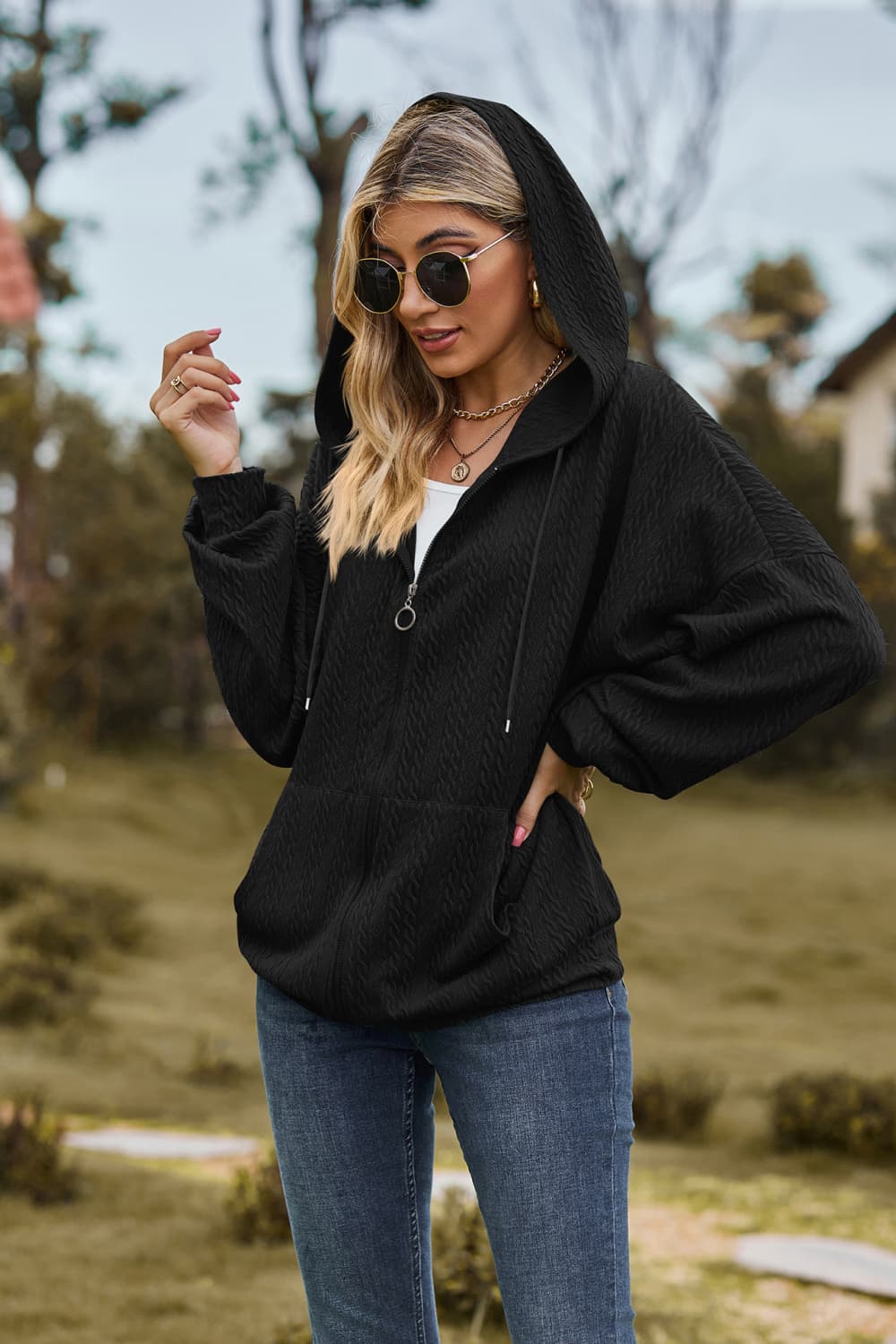 Cable-knit Long Sleeve Hooded Jacket (23)