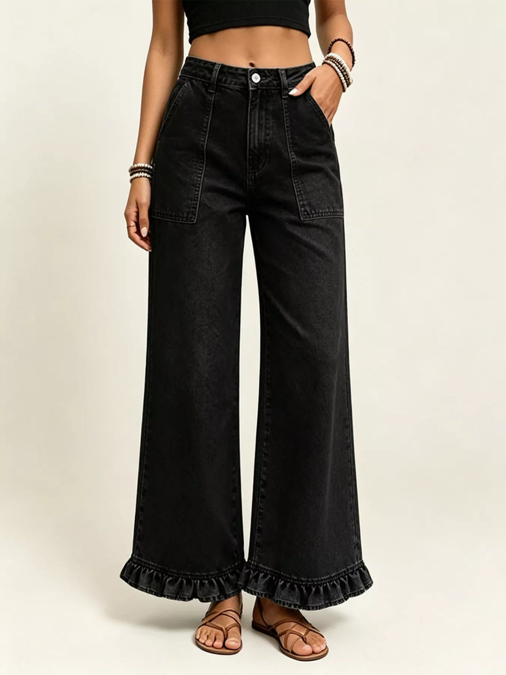 High-waisted Wide-leg Ruffle Hem Jeans (3)