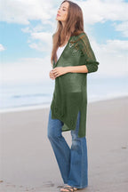 Openwork Side Slit Open Front Long Sleeve Cardigan (12)