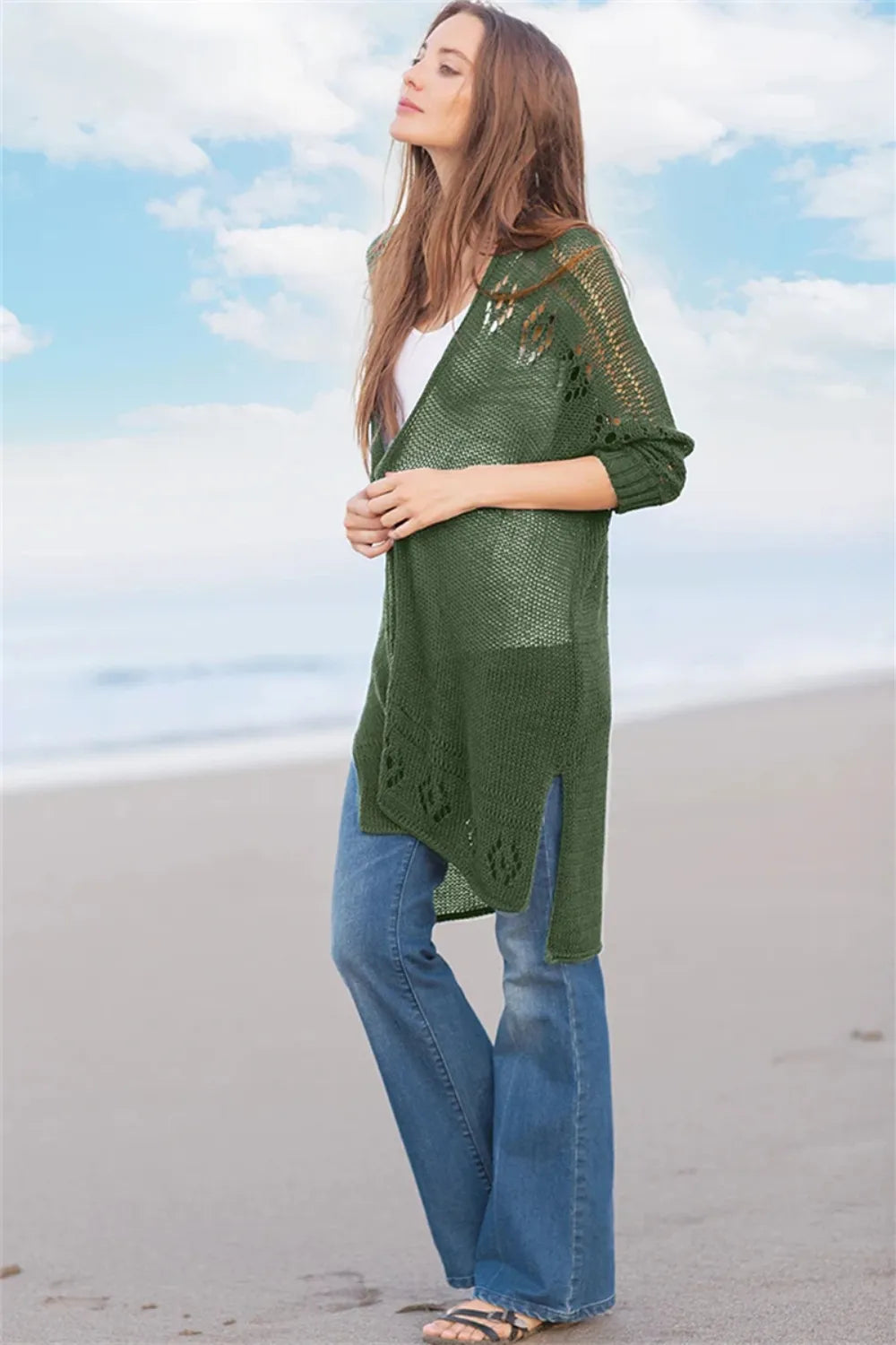 Openwork Side Slit Open Front Long Sleeve Cardigan (12)