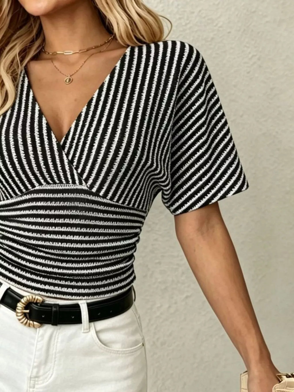 Striped Surplice Short Sleeve Top (9)