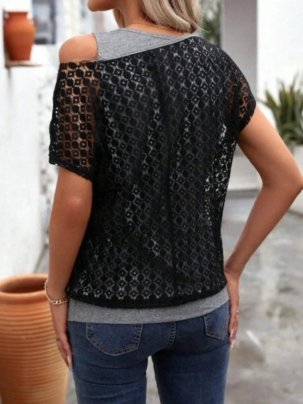Lace Short Sleeve Fake Two Piece T-shirt (7)
