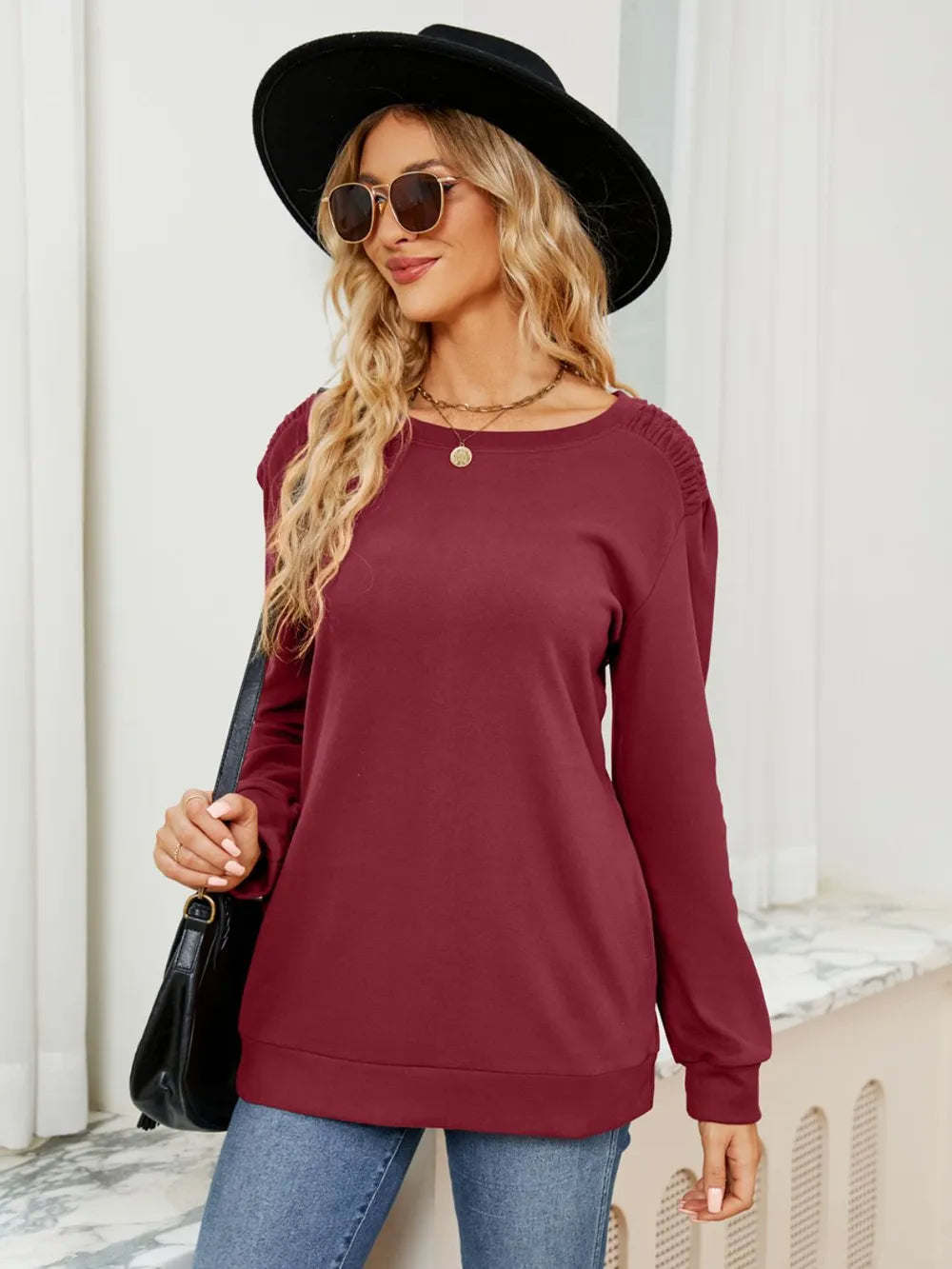 Ruched Shoulder Round Neck Long Sleeve Sweatshirt (2)