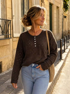 Pointelle Button-front Round Neck Knit Top (15)