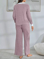 Ribbed Knit Polo Collar Top Pants Lounge Set (4)