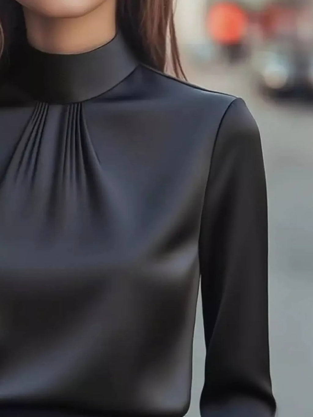 Mock Neck Long Sleeve Blouse Pleated Detail (3)