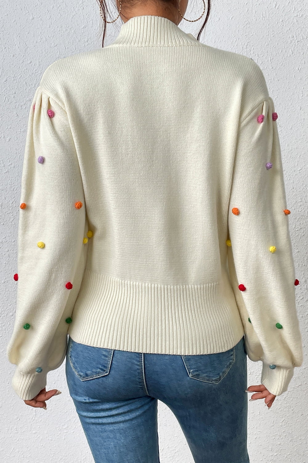Pom-pom Trim Mock Neck Long Sleeve Pullover Sweater (6)