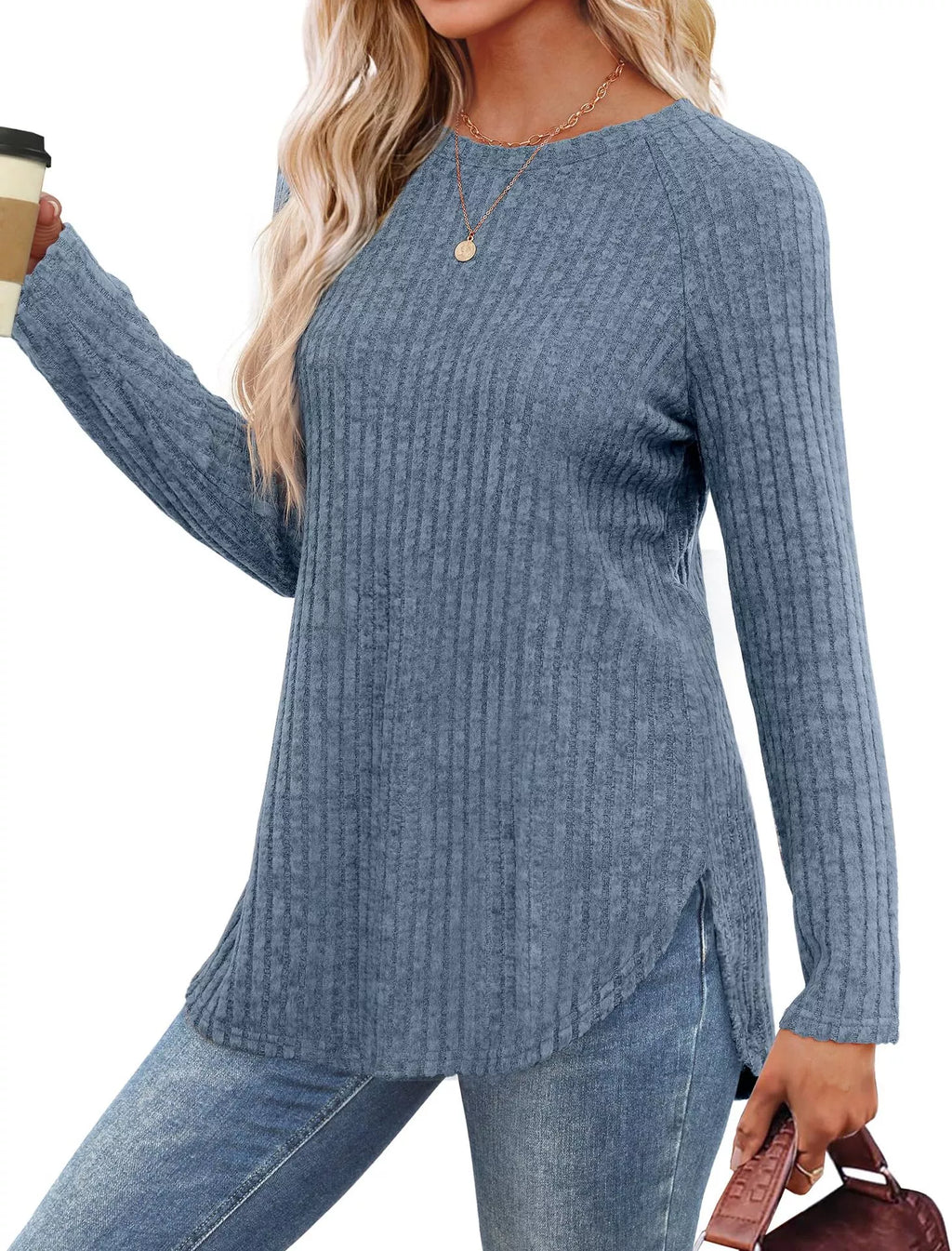 Casual Ribbed Knit Long Sleeve T-shirt (15)