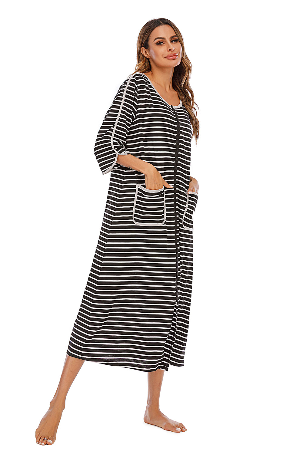 Round Neck Three-quarter Sleeve Midi Night Dress (17)