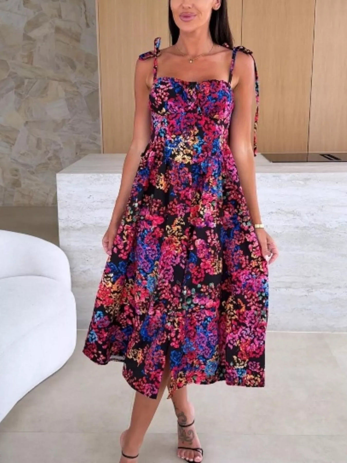 Printed Tie-strap Midi Dress