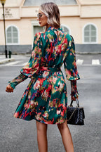 Printed Tie Waist Mock Neck Lantern Sleeve Dress (10)