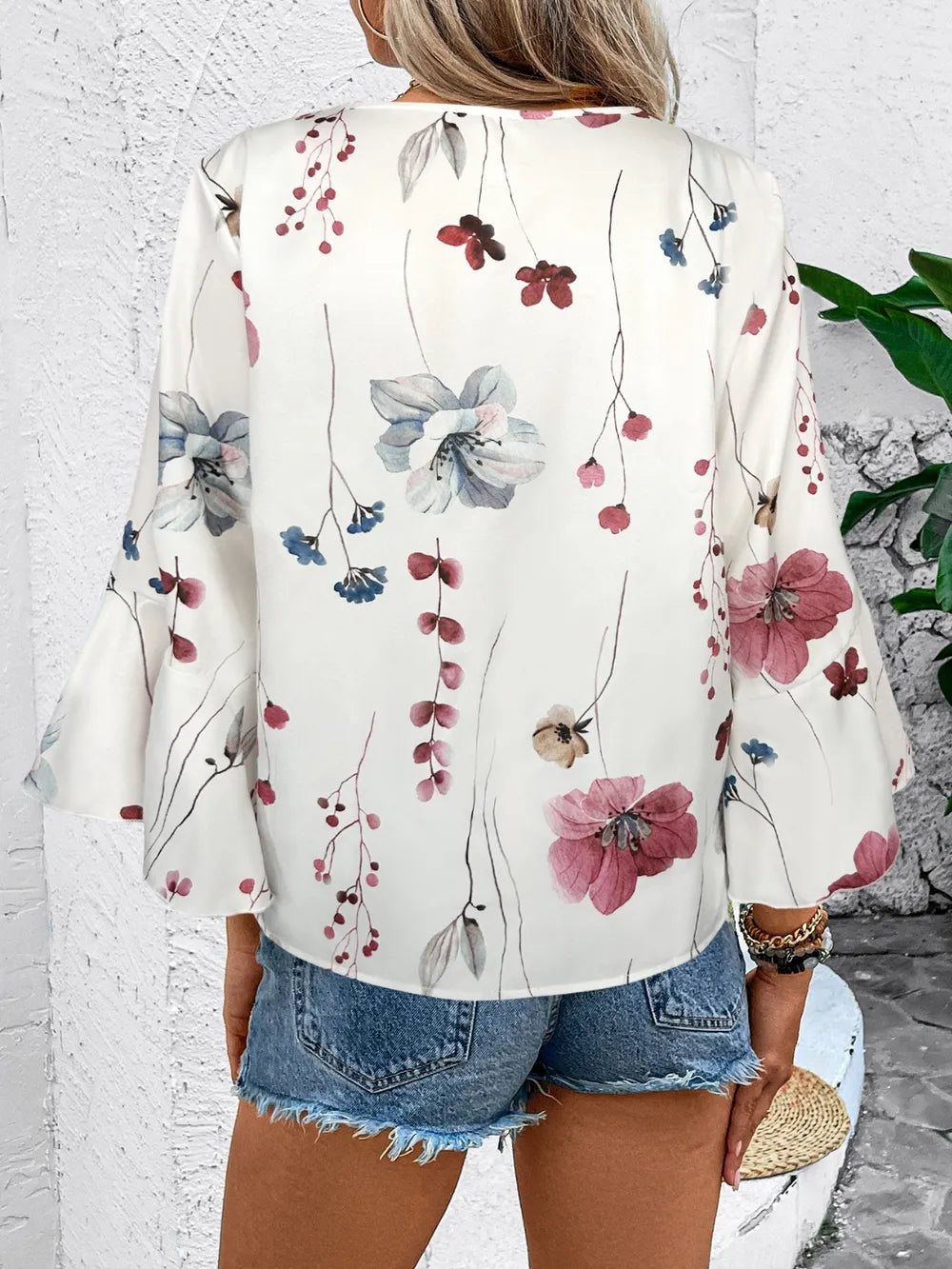 Ruffled Printed V-neck Half Sleeve Blouse (10)