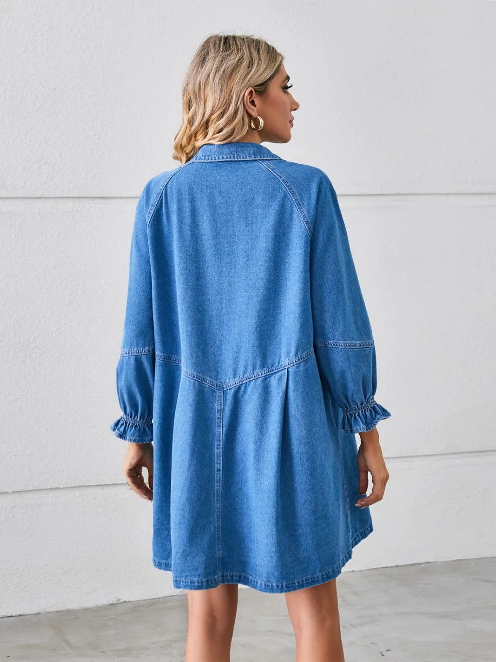 Button Up Flounce Sleeve Mini Denim Dress (5)