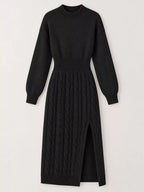 Full Size Mock Neck Cable Knit Sweater Dress Front Slit Plus (15)