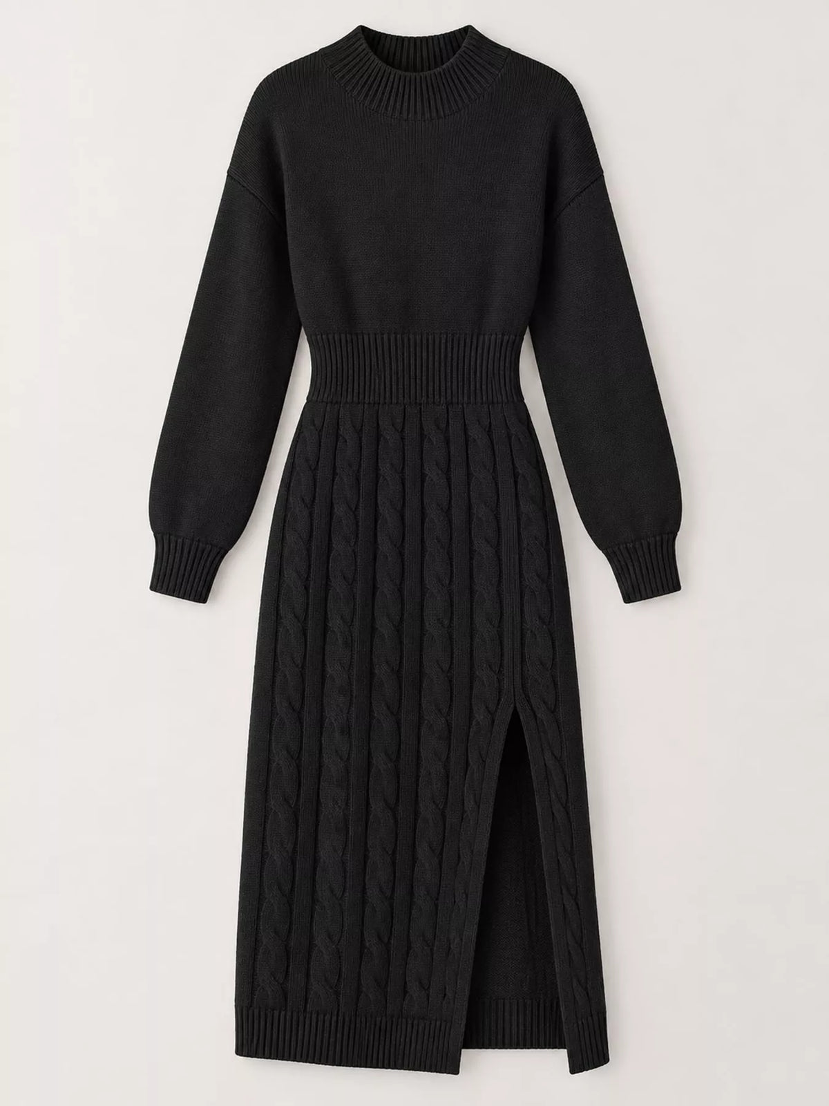Full Size Mock Neck Cable Knit Sweater Dress Front Slit Plus (15)