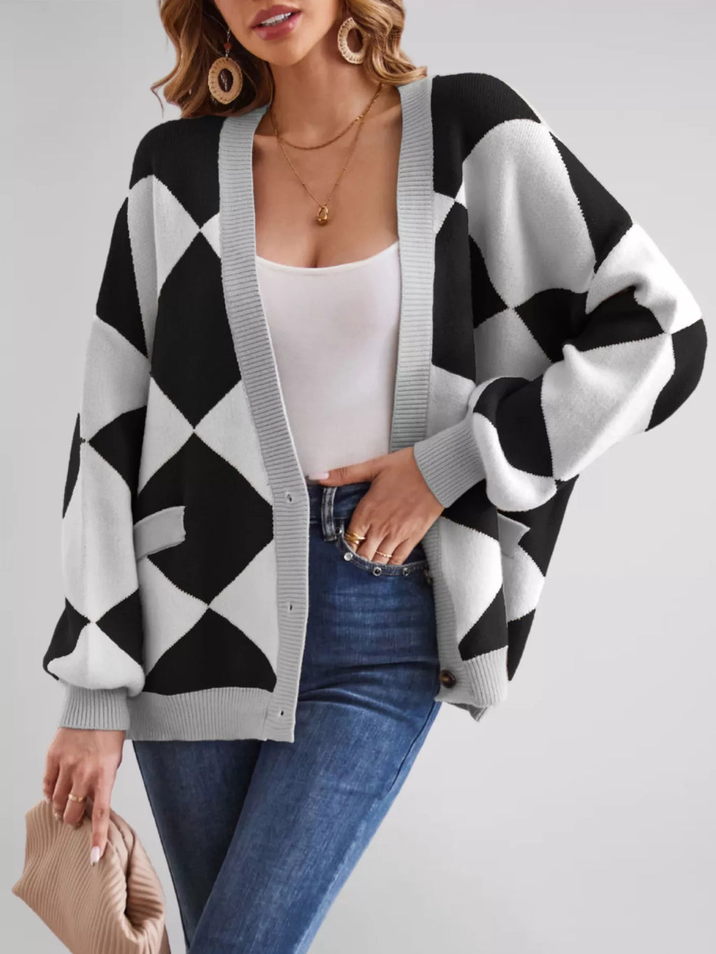 Diamond Pattern Button-up Knit Cardigan (18)