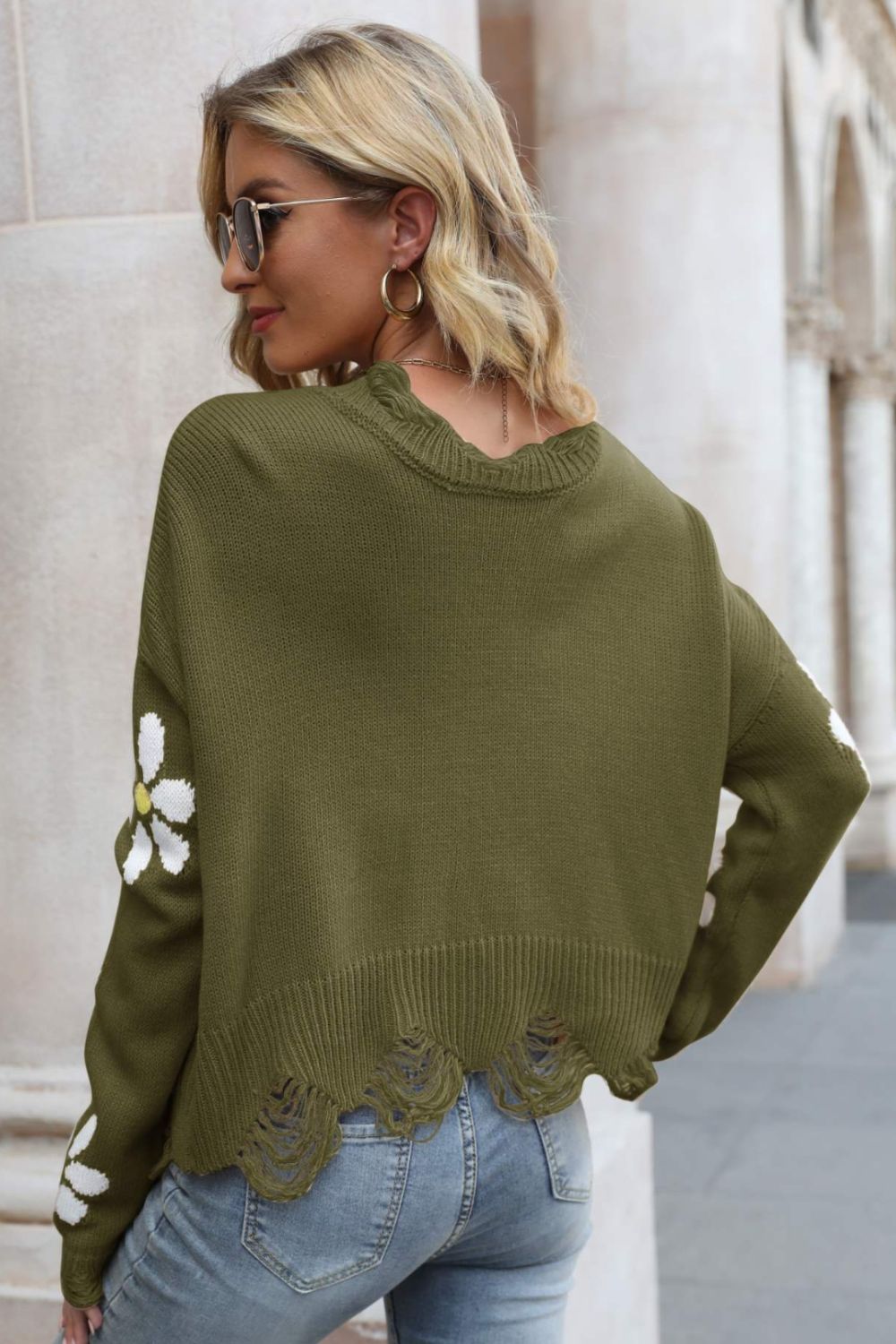 Flower Distressed Ribbed Trim Sweater (8)