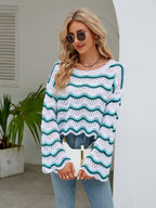 Round Neck Openwork Flare Sleeve Knit Top (7)