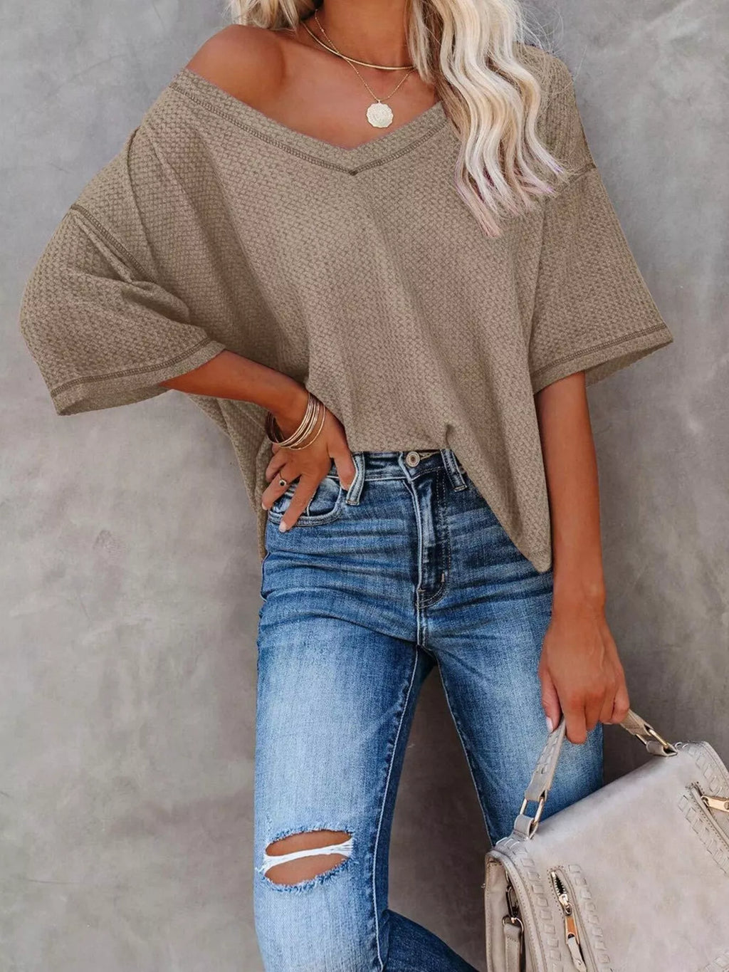 Waffle Knit V-neck Short Sleeve T-shirt (15)