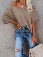Waffle Knit V-neck Short Sleeve T-shirt (15)
