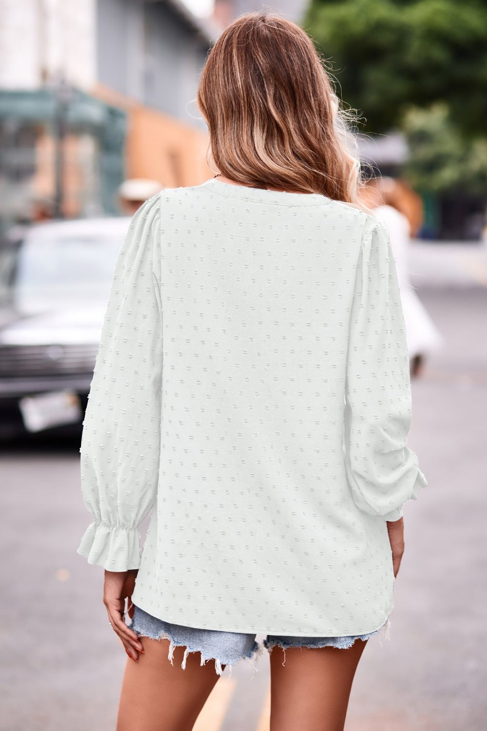 Swiss Dot Notched Neck Flounce Sleeve Blouse (6)