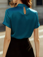 Satin Keyhole Short Sleeve Blouse (2)