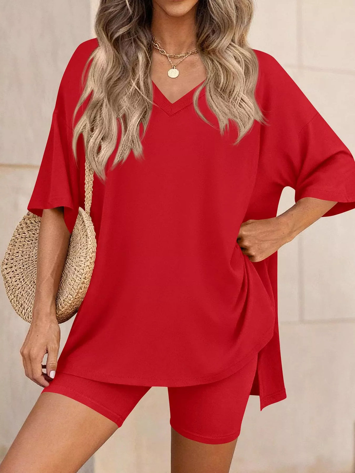 Full Size Casual Loose V-neck T-shirt Shorts Set Plus (22)