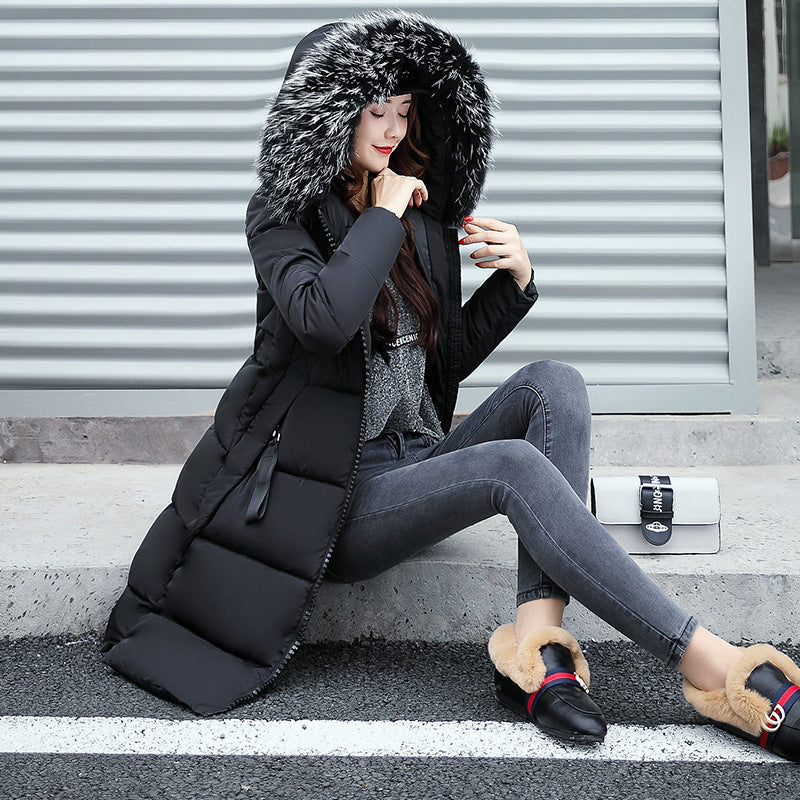 Long Cotton Jacket Hooded Big Fur Collar Down variant CJNSWTFP00063-Black-S|CJNSWTFP00063-Black-XXL|CJNSWTFP00063-Black-M|CJNSWTFP00063-Black-3XL|CJNSWTFP00063-Black-XL|CJNSWTFP00063-Black-L