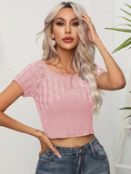 Cable-knit Round Neck Short Sleeve Knit Top (10)