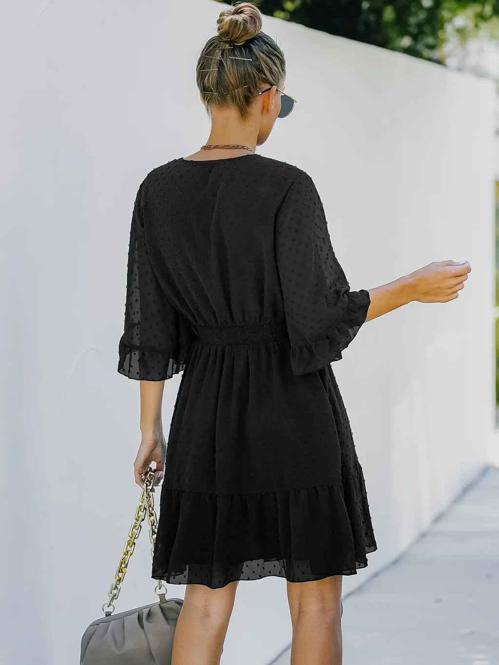 Swiss Dot Flare Sleeve Wrap Mini Dress (11)
