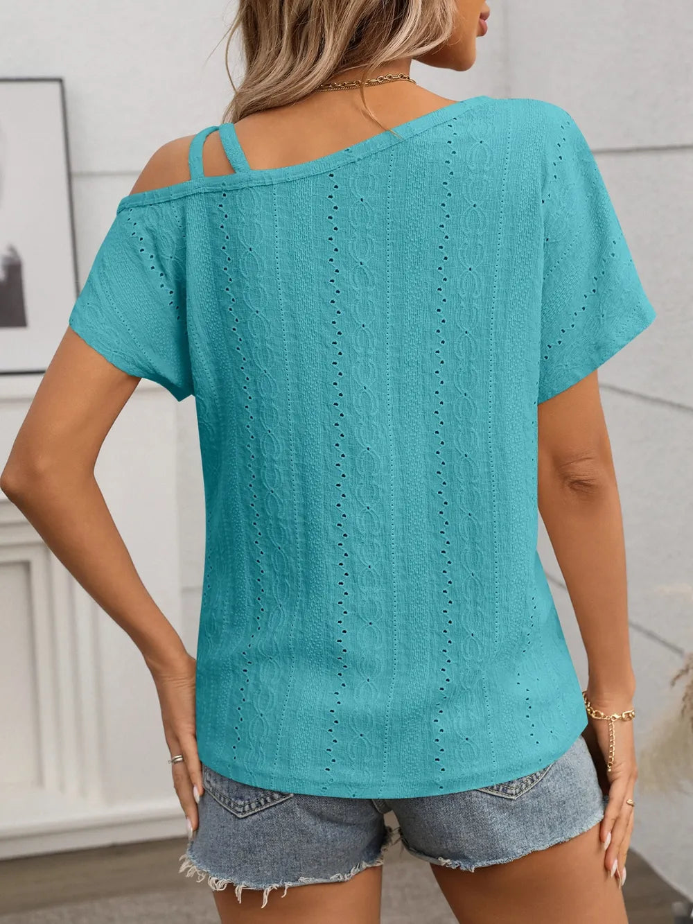 Eyelet Asymmetrical Shoulder Short Sleeve T-shirt (35)