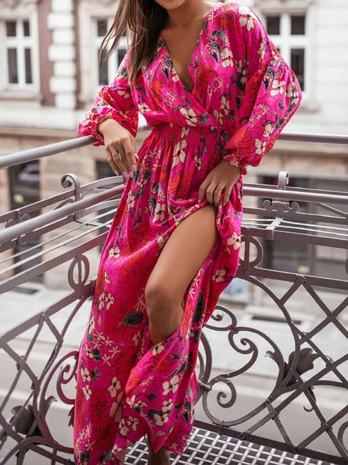Bohemian Printed Maxi Dress Plunging Neckline (2)