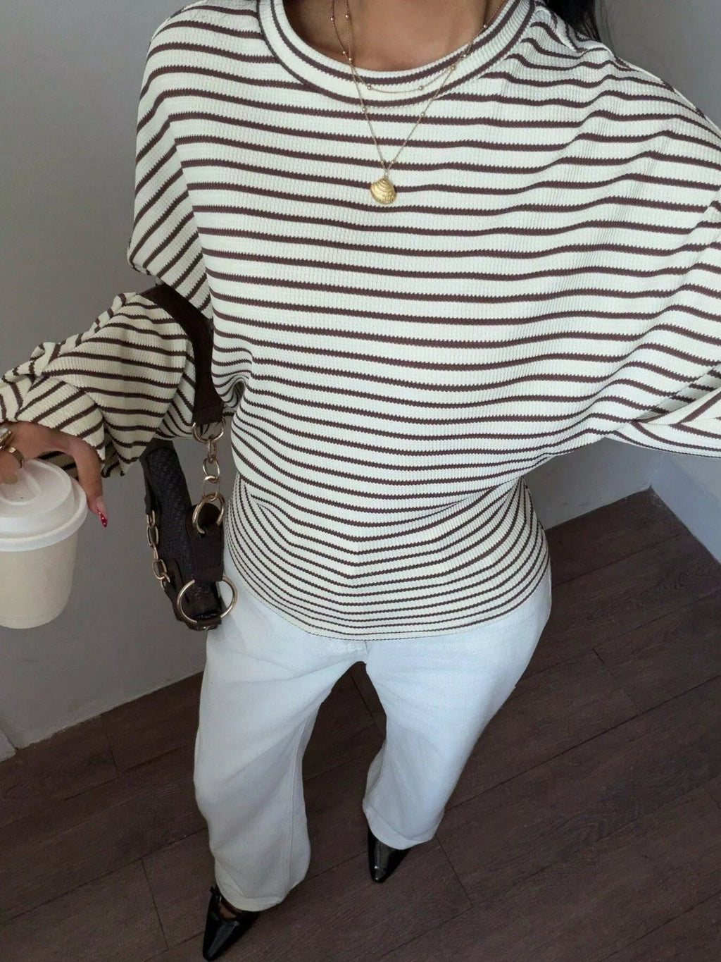 Casual Striped Batwing Sleeve T-shirt (3)