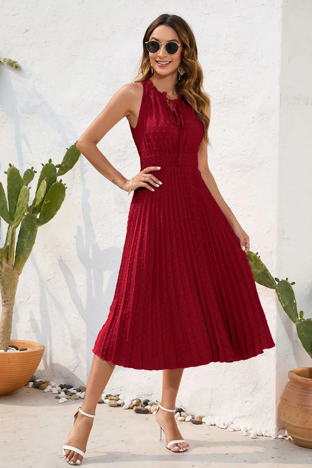 Swiss Dot Tie Neck Sleeveless Dress (17)