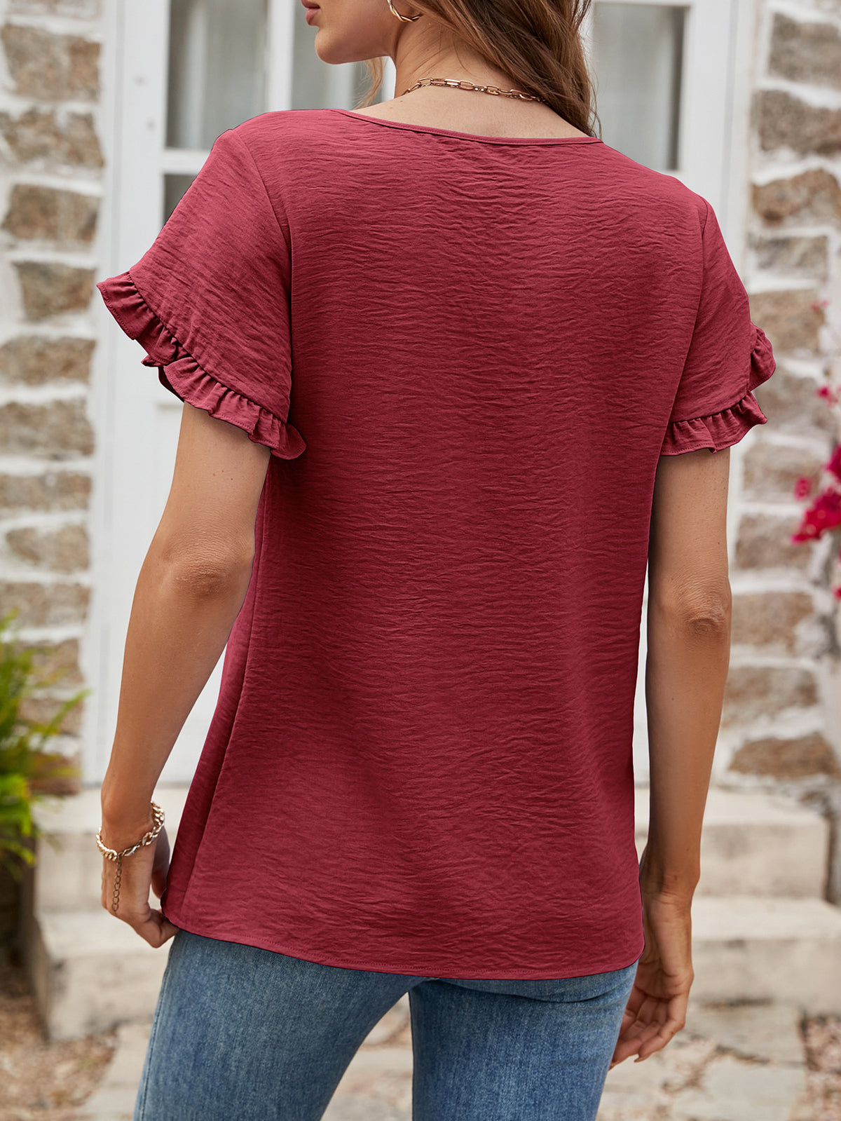 Textured Petal Sleeve Round Neck Tee (8)