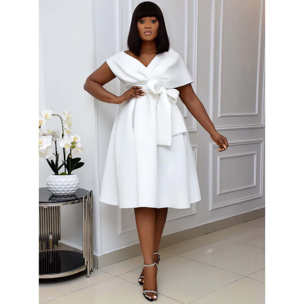 V-neck Slim Slimming Evening Dress variant CJNSSYLY13814-White-XXL|CJNSSYLY13814-White-XL|CJNSSYLY13814-White-S|CJNSSYLY13814-White-L|CJNSSYLY13814-White-M