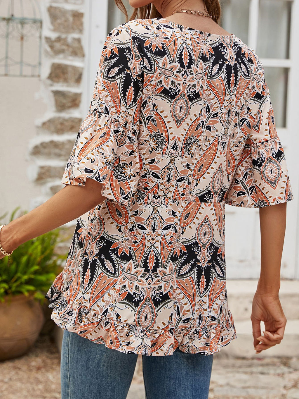 Printed Flounce Sleeve Ruffle Hem Blouse (12)