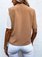 Decorative Button Surplice Short Sleeve Blouse (6)