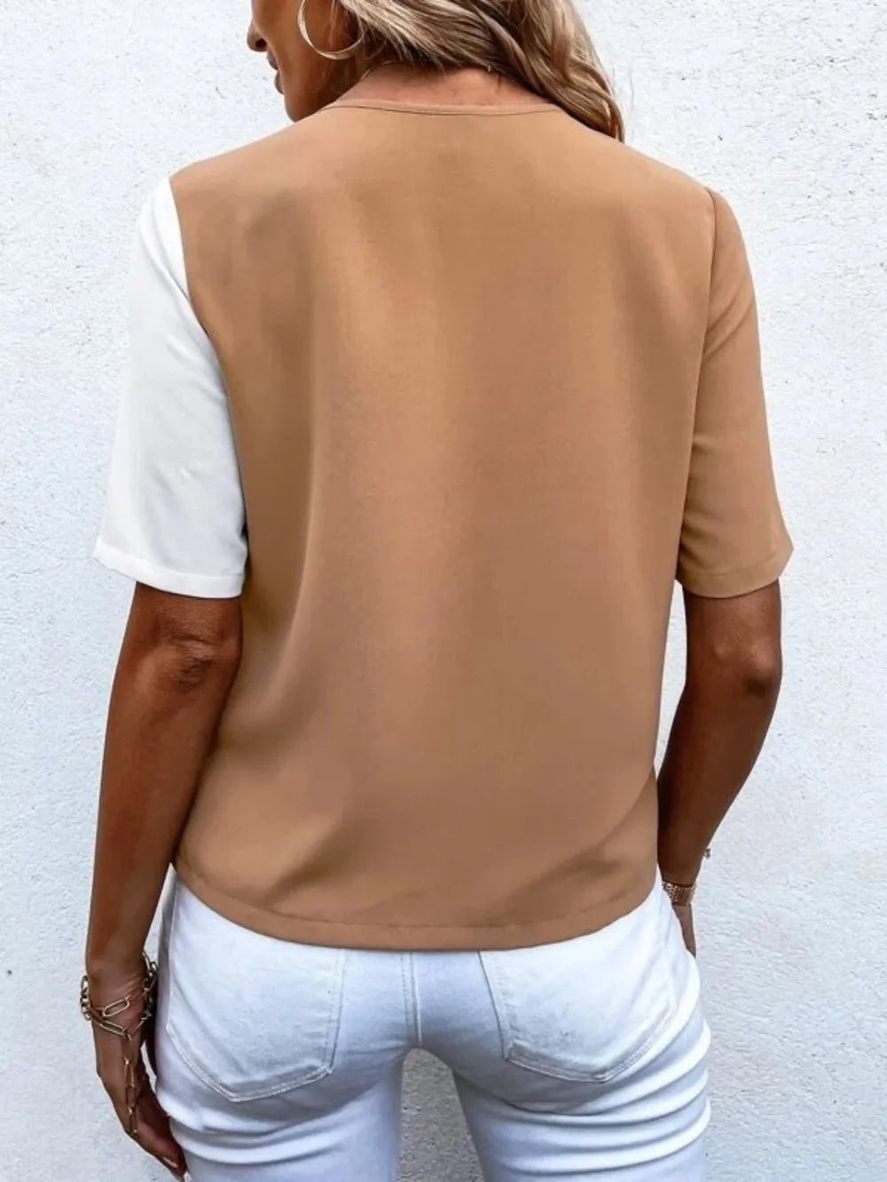 Decorative Button Surplice Short Sleeve Blouse (6)
