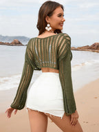 Openwork Boat Neck Long Sleeve Cover-up (2)