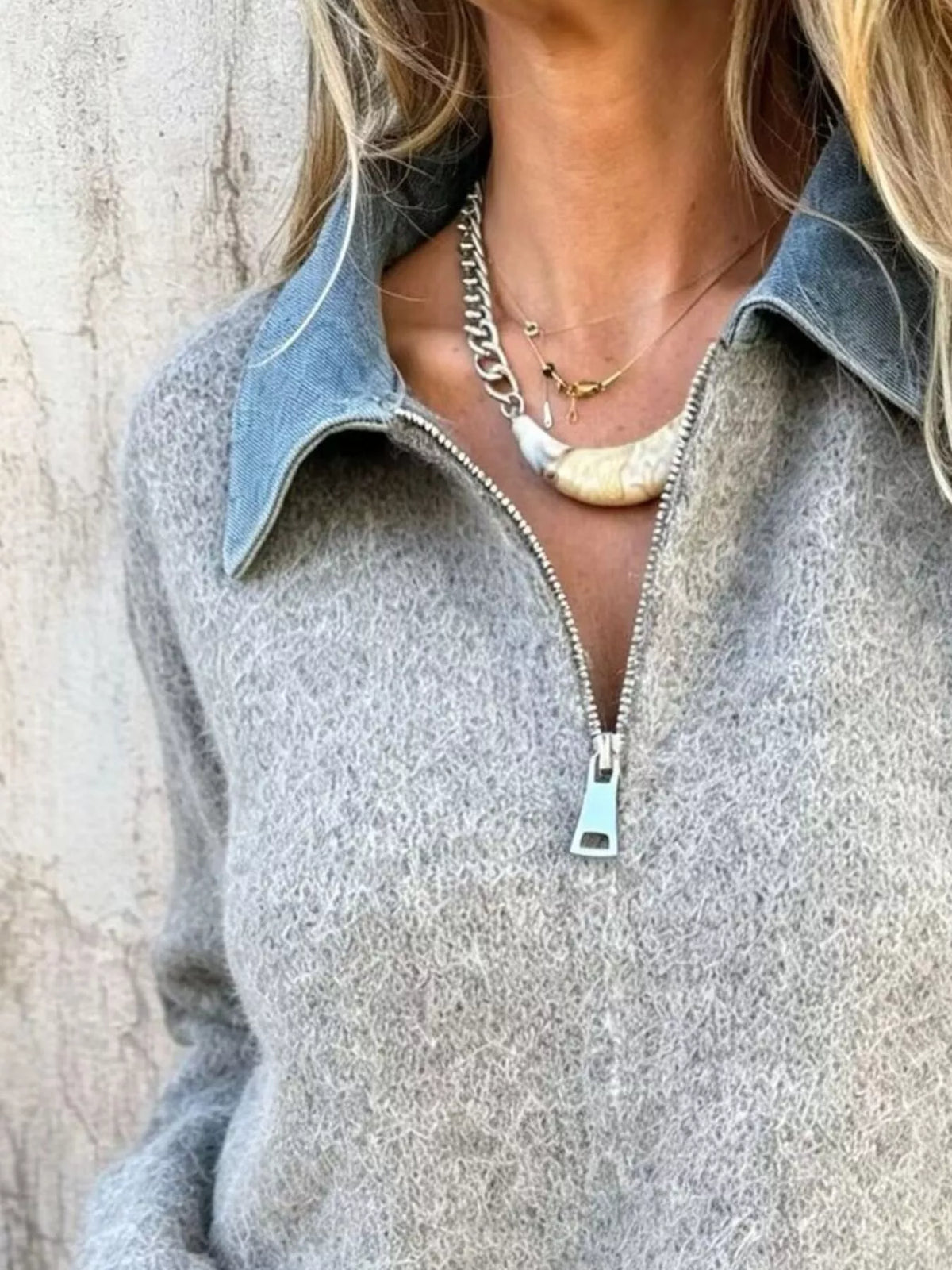 Contrast Denim Collar Half-zip Knit Sweater (6)